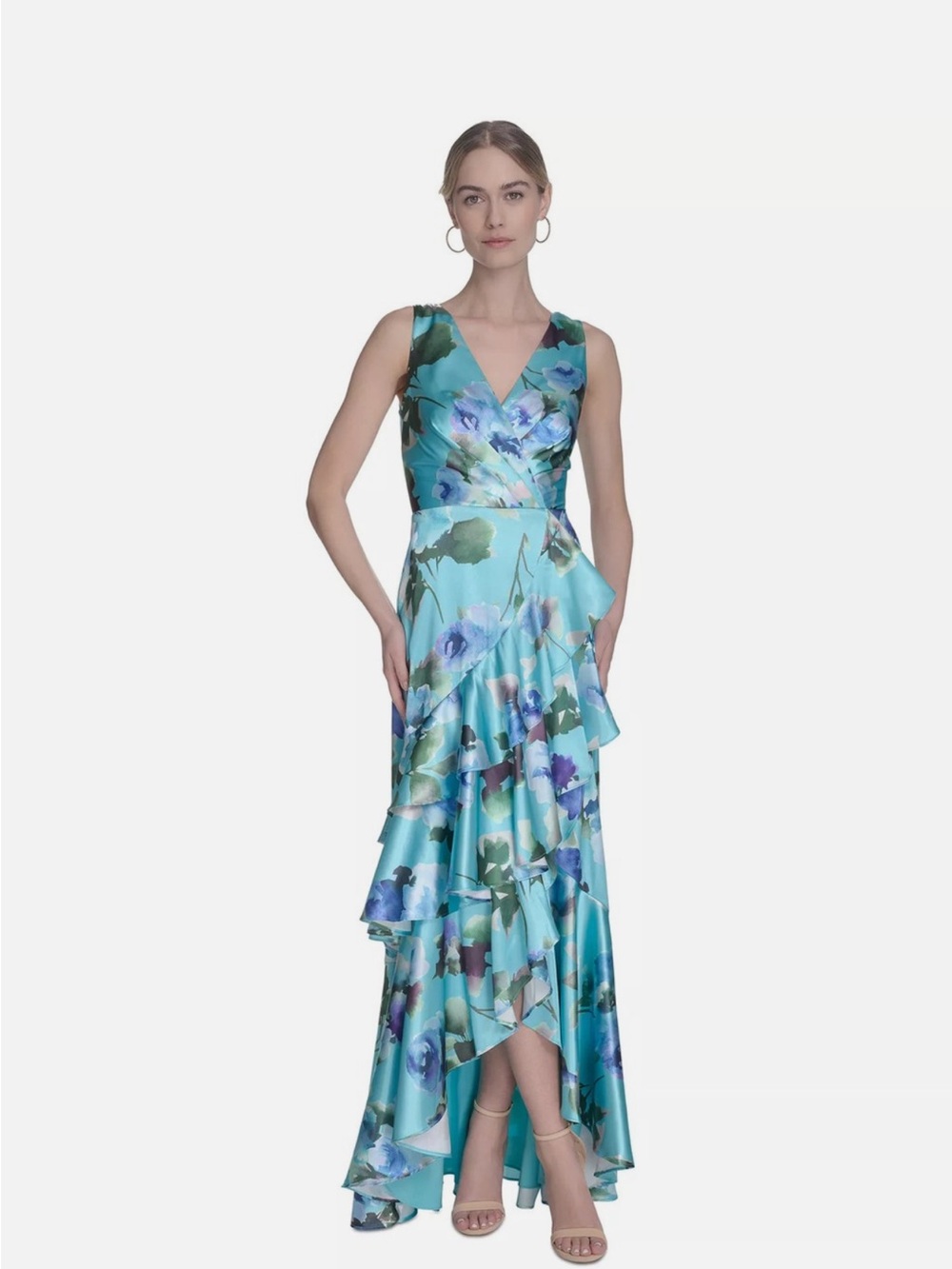 Eliza J Aqua Floral V-Neck High-Low Ruffle Maxi Dress